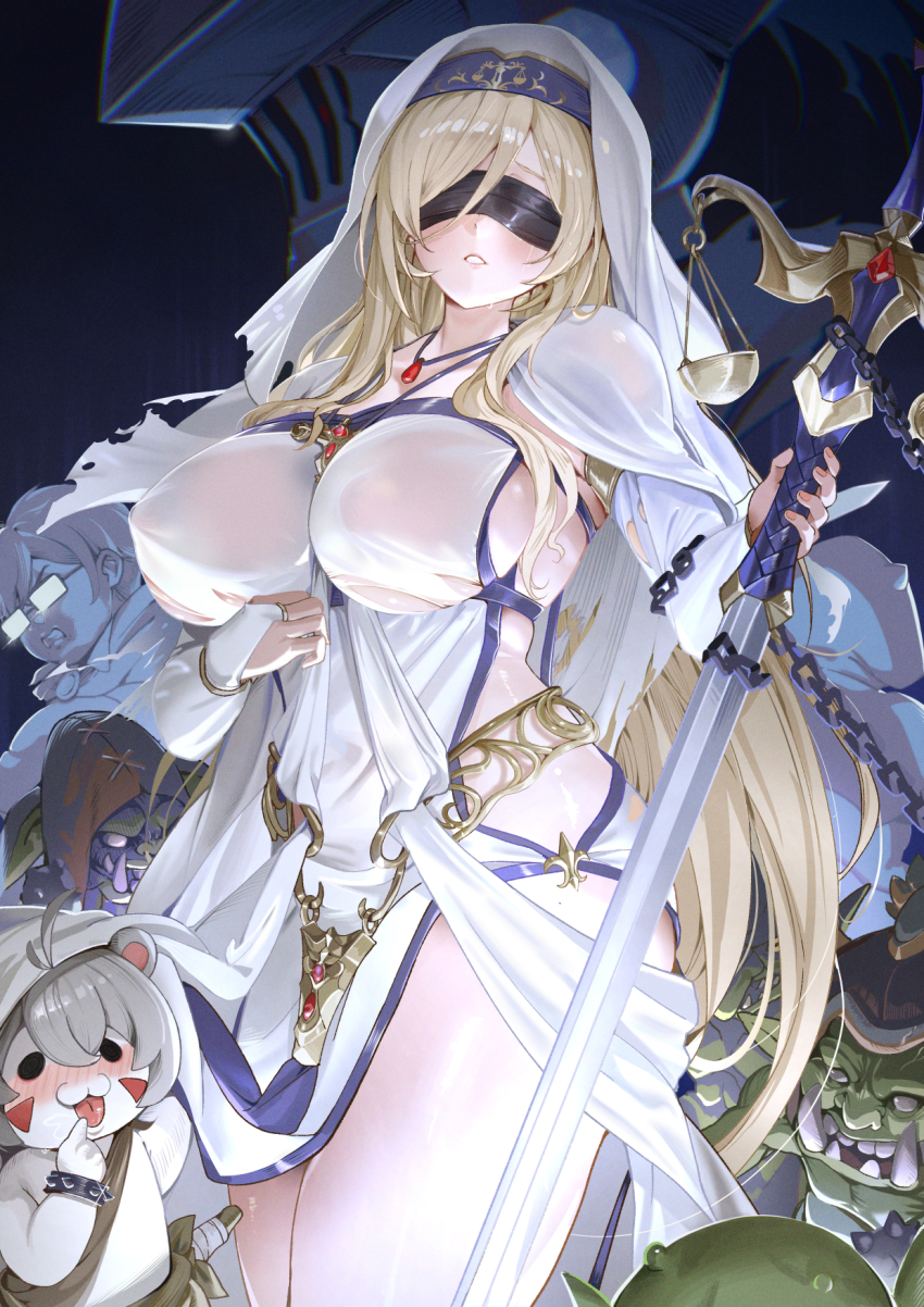 1girl 2boys black_blindfold blindfold blonde_hair breasts brown_dust_(series) brown_dust_2 colored_skin commentary_request covered_erect_nipples crossover dress glasses goblin goblin_slayer goblin_slayer! green_skin haowei_wu highres holding holding_staff jayden_(brown_dust_2) jewelry large_breasts long_hair multiple_boys necklace nun polearm sideboob sideless_dress skin_tight staff sword_maiden swordstaff veil very_long_hair visor_(armor) weapon weighing_scale white_dress white_veil yuridori_(brown_dust)