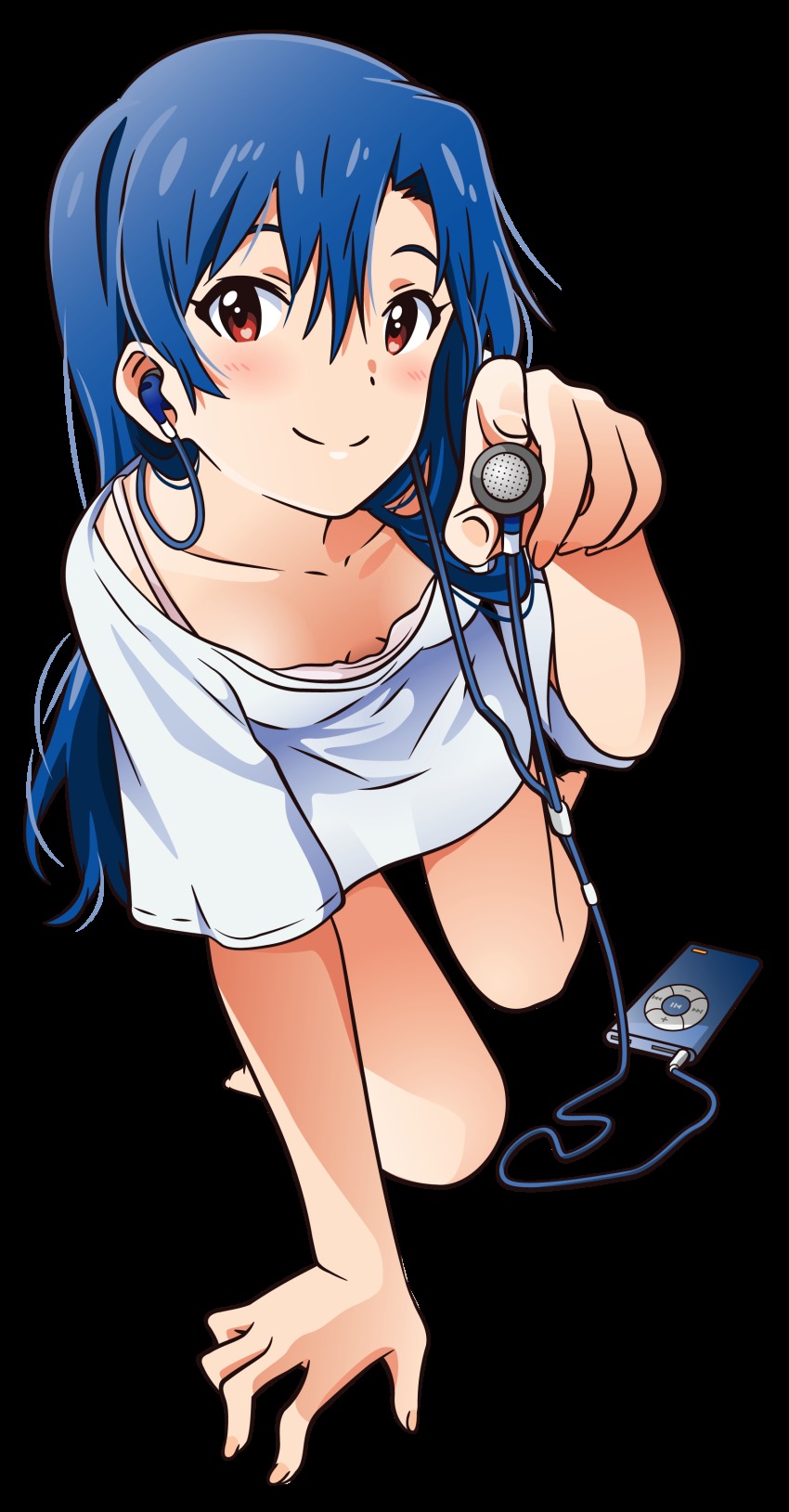 1girl absurdres akizuki_ritchan blue_hair blush brown_eyes digital_media_player downblouse earphones female_focus flat_chest highres idolmaster idolmaster_(classic) ipod kisaragi_chihaya long_hair looking_at_viewer solo transparent_background