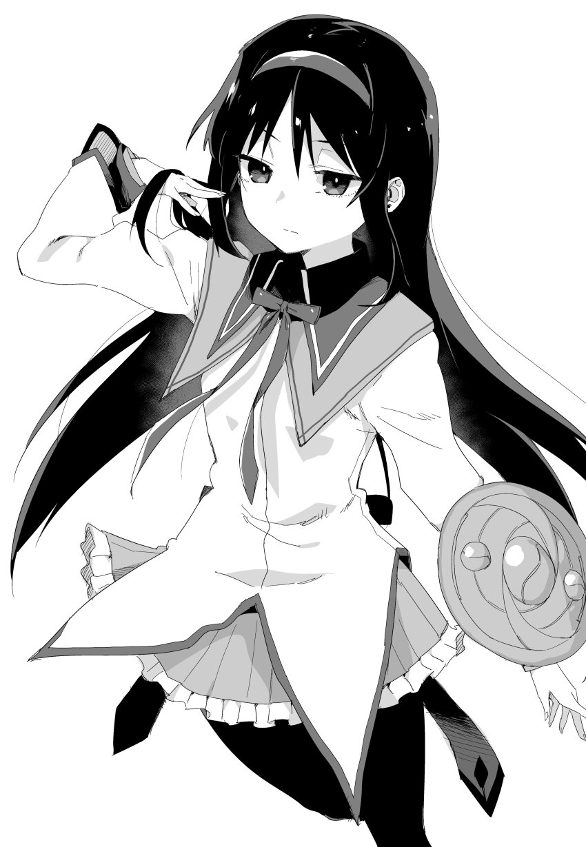 1girl absurdres akemi_homura akemi_homura_(magical_girl) black_hair closed_mouth highres kuga_tsuniya long_hair mahou_shoujo_madoka_magica playing_with_own_hair shield solo standing
