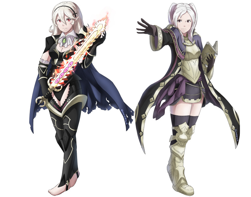 2girls absurdres armored_boots armored_leotard barefoot black_gloves black_hairband black_leotard black_thighhighs book boots breasts brown_eyes cape chest_jewel cleavage clenched_hand coat female_corrin_(fire_emblem) female_corrin_(nohr_noble)_(fire_emblem) elbow_gloves eyelashes feet female_focus female_robin_(fire_emblem) fighting_stance fire_emblem fire_emblem_awakening fire_emblem_fates full_body gauntlets gloves hair_between_eyes hair_ornament hairband hands_up heel_up highres holding holding_book holding_sword holding_weapon intelligent_systems knee_boots legs leotard long_hair long_sleeves looking_at_viewer medium_breasts miniskirt multiple_girls neck neckerchief nintendo official_alternate_costume outstretched_arm parted_bangs pointy_ears red_eyes revealing_clothes robin_(female)_(grandmaster)_(fire_emblem) serious sidelocks skirt sleeveless socks standing stirrup_legwear sword thighhighs thighs toeless_legwear toenails toes torn_cape torn_clothes transparent_background twintails v-shaped_eyebrows wavy_hair weapon white_hair wide_sleeves yato_(fire_emblem)