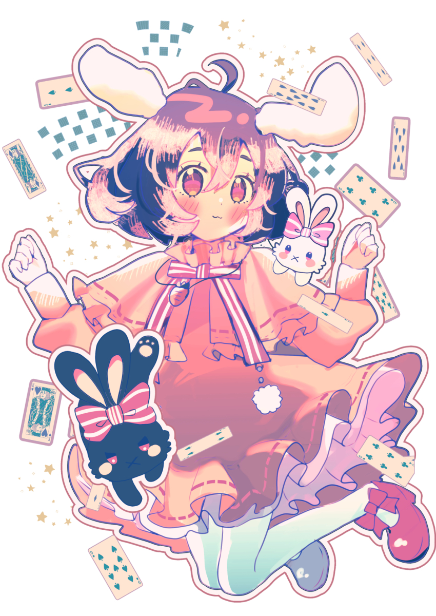 1girl :3 ahoge animal_ears asymmetrical_footwear black_footwear black_hair blush bow bowtie brown_hair capelet card carrot_necklace closed_mouth commentary_request culotte_(hosenrock) dress eight_of_hearts floppy_ears footwear_bow four_of_spades frilled_capelet frills full_body hair_between_eyes highres inaba_tewi jewelry jumping king_(playing_card) king_of_diamonds king_of_hearts_(playing_card) looking_at_viewer mismatched_footwear necklace nine_of_hearts nine_of_spades outline pantyhose pink_capelet pink_dress pink_eyes playing_card rabbit rabbit_ears rabbit_girl red_bow red_bowtie red_footwear ribbon-trimmed_dress ribbon_trim short_hair six_of_clubs six_of_diamonds smile solo striped_bow striped_bowtie striped_clothes ten_of_clubs touhou two_of_spades white_background white_pantyhose