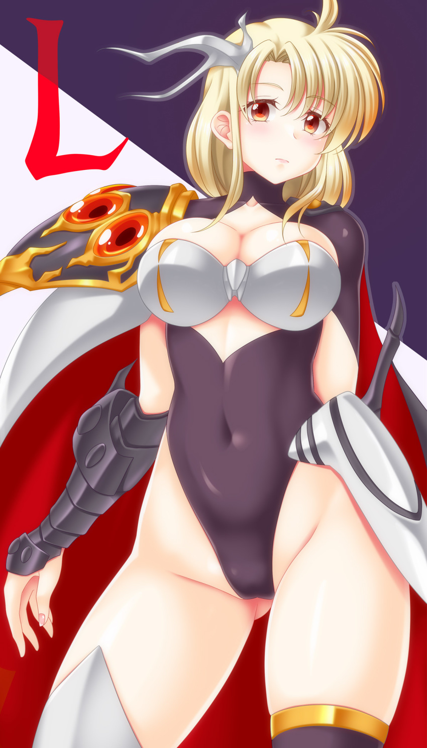 1girl armor blonde_hair blush breasts cleavage closed_mouth collarbone covered_navel cowboy_shot gluteal_fold groin hair_between_eyes hair_ornament highleg highres langrisser langrisser_ii large_breasts long_hair looking_at_viewer orange_eyes pauldrons rana_(langrisser) revealing_clothes shoulder_armor simple_background single_pauldron solo standing stomach thighhighs thighs utomo
