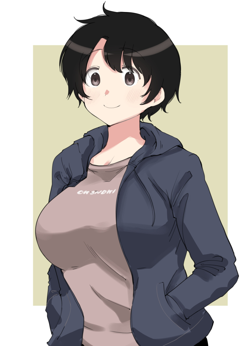 1girl absurdres black_eyes black_hair black_hoodie border breasts brown_shirt closed_mouth commentary_request hands_in_pockets highres hood hood_down hoodie large_breasts long_sleeves meika-san_wa_oshikorosenai oka_miyako open_clothes open_hoodie outside_border saitou_shouki shirt short_hair smile solo upper_body white_border yellow_background