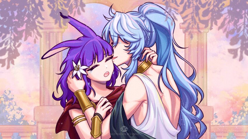 1boy 1girl alternate_costume alternate_hairstyle ancient_greek_clothes animal_ears bare_back bare_shoulders blue_hair bracer cinful closed_eyes column couple crying flower garden gold_bracer gold_choker greco-roman_clothes hair_flower hair_ornament hetero high_ponytail highres hololive holostars holostars_english hug indie_virtual_youtuber kiss long_hair maddie_(vtuber) octavio pillar plant ponytail purple_hair rabbit_ears sidelocks tears tunic vines white_flower