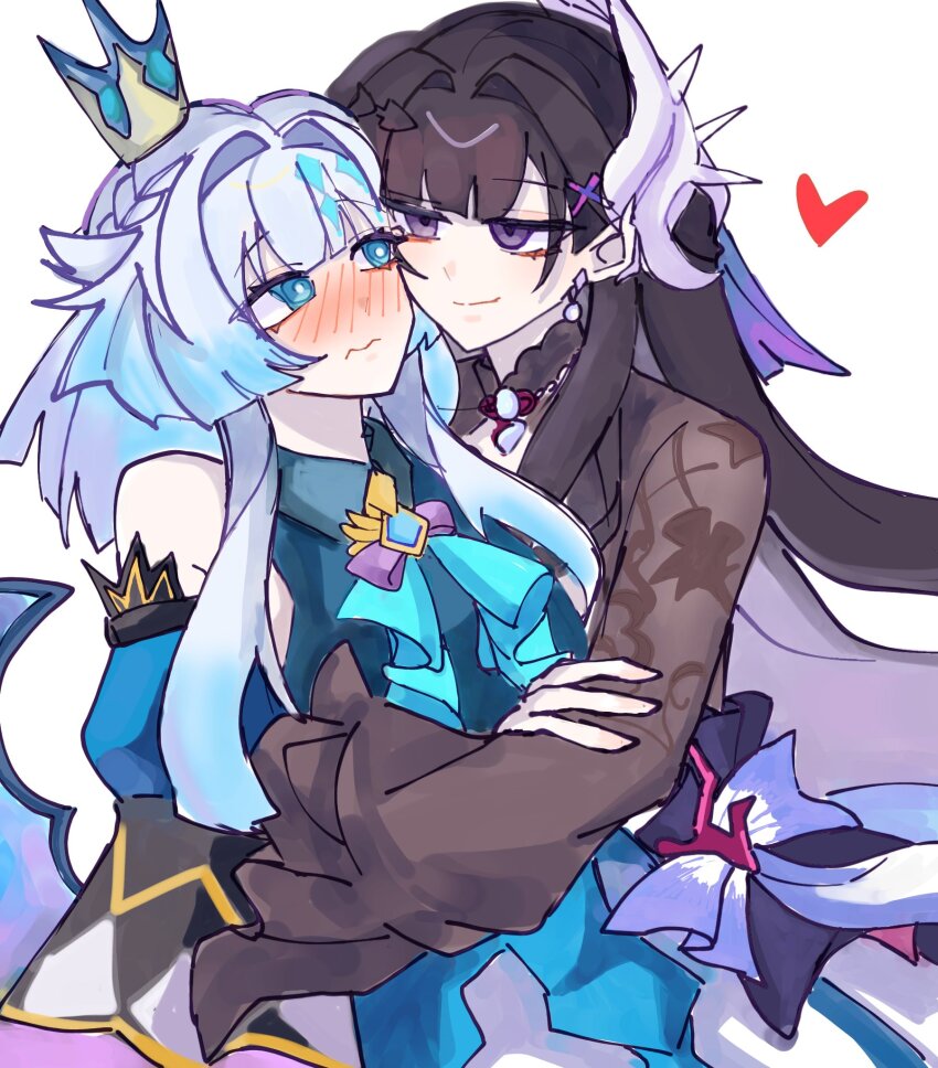 2girls 3: bare_shoulders blue_eyes blue_hair blunt_bangs blush cerydra_(honkai:_star_rail) crown detached_sleeves dress hair_intakes heart highres honkai:_star_rail honkai_(series) hug hysilens_(honkai:_star_rail) long_hair long_sleeves mini_crown multiple_girls nose_blush simple_background sleeveless sleeveless_dress smile tiana_(tiana24116) very_long_hair white_background yuri