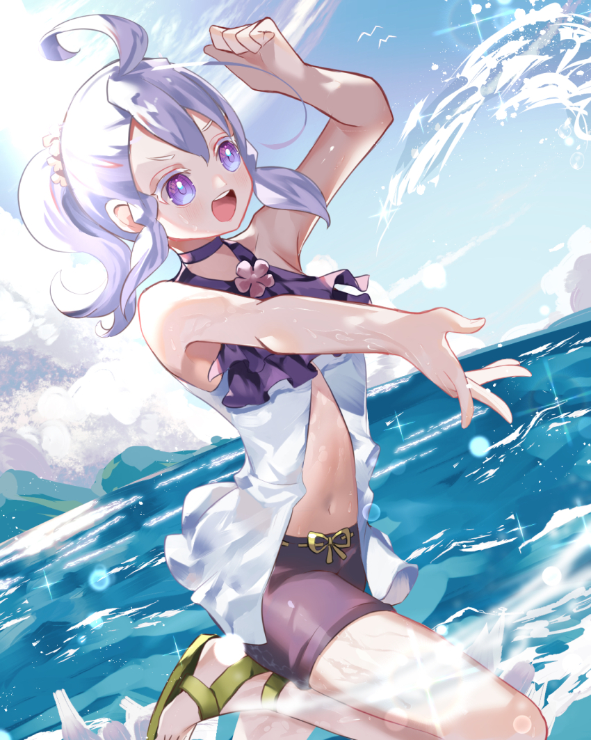 1girl ahoge alternate_costume arm_up aromage_jasmine beach blush breasts choker collarbone duel_monster hair_between_eyes highres navel ocean open_mouth ponytail purple_eyes purple_shorts sandals shorts small_breasts smile solo splashing stomach swimsuit thighs water white_hair winegrapeivy yu-gi-oh!