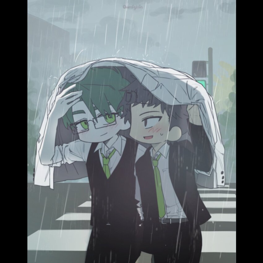 2boys arms_up black_eyes black_hair black_vest blush collared_shirt commentary_request cowboy_shot crosswalk dim_lighting dongrang_(project_moon) glasses green_eyes green_hair green_necktie implied_yaoi jacket korean_commentary limbus_company looking_at_another multiple_boys necktie open_clothes open_jacket pedestrian_lights pillarboxed project_moon rain red_hong00 road samjo_(project_moon) shirt short_hair smile street vest white_shirt