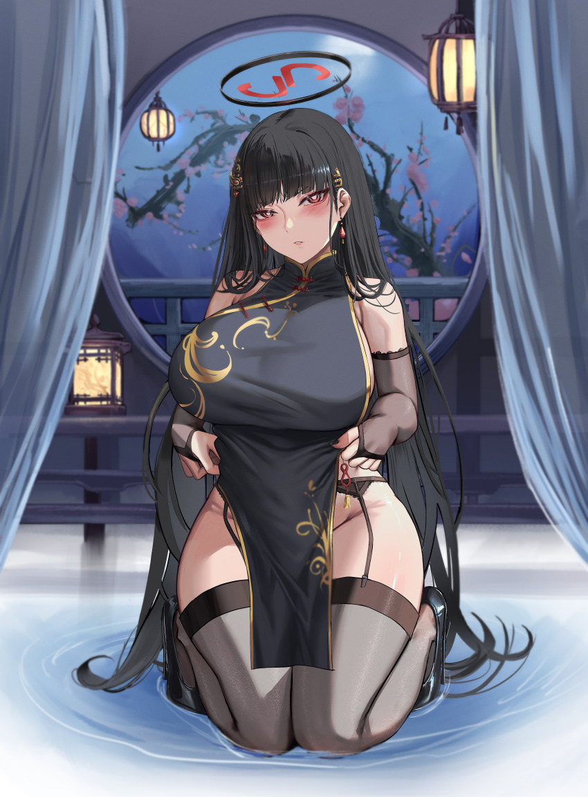 1girl absurdres black_dress black_garter_belt black_hair black_nails blue_archive blush branch breasts bridal_gauntlets cherry_blossoms china_dress chinese_clothes curtains curvy dress earrings full_body garter_belt gold_trim hair_ornament halo high_heels highres huge_breasts jewelry kneeling kuutamo looking_at_viewer nail_polish parted_lips red_eyes rio_(blue_archive) solo tassel thick_thighs thighhighs thighs wide_hips window