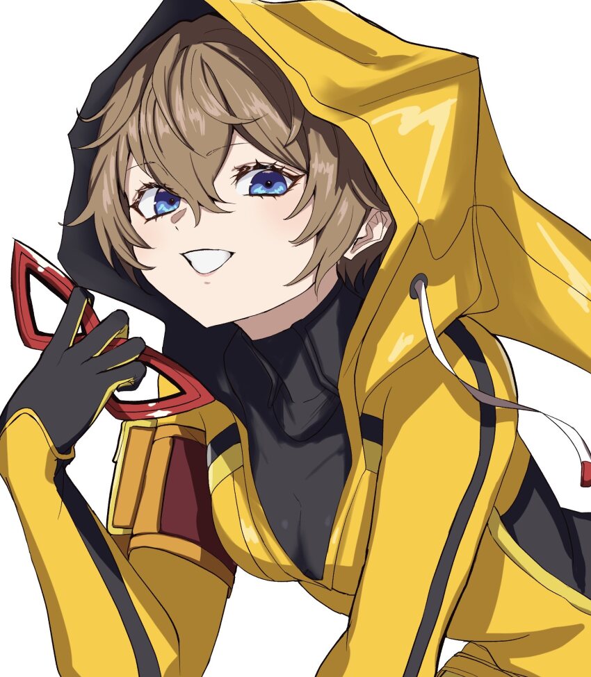1girl arai_motoha black_bodysuit blue_eyes bodysuit breasts brown_hair cleavage closer_(p5x) commentary_request domino_mask eye_mask grin hair_between_eyes hand_up highres holding holding_mask hood hood_up hoodie looking_at_viewer mask medium_breasts persona persona_5 persona_5:_the_phantom_x red_mask s-m-53413 short_hair simple_background smile solo turtleneck turtleneck_bodysuit upper_body white_background yellow_hoodie