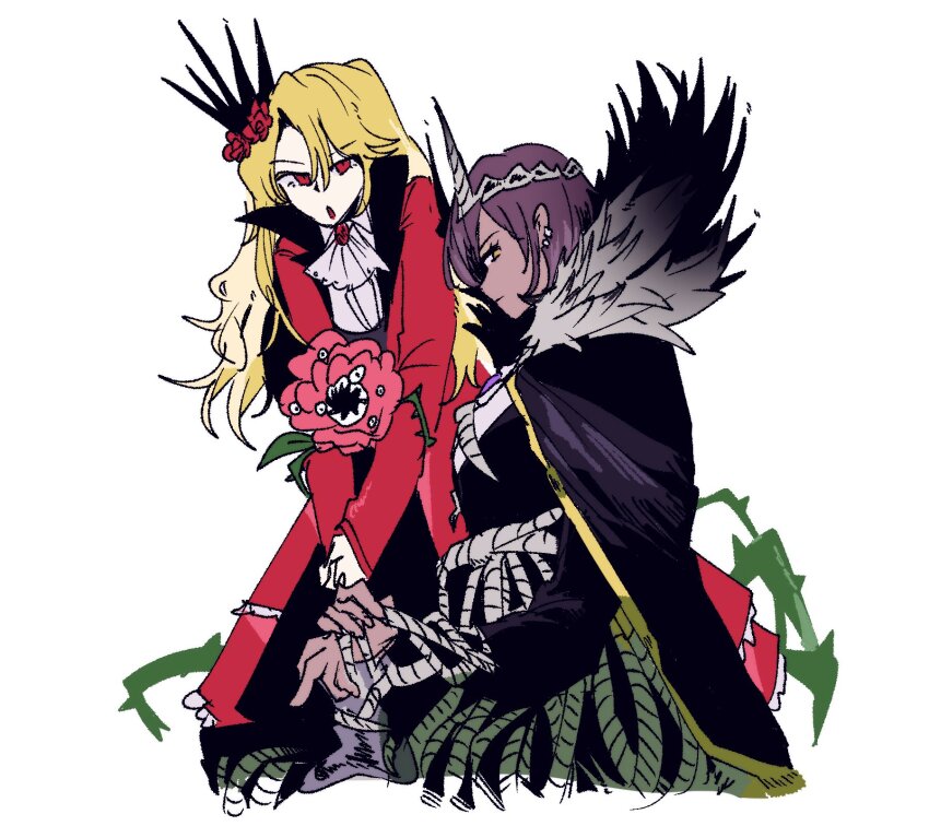 2girls animal_hands ascot black_cape blonde_hair brown_hair cape closed_mouth coat crown dark-skinned_female dark_skin don_quixote_(project_moon) e.g.o_(project_moon) ebony_stem_(e.g.o) flower fur-trimmed_cape fur_trim gem gree_n hair_flower hair_ornament head_spikes highres limbus_company long_hair long_sleeves looking_at_viewer multiple_girls outis_(project_moon) plant plant_roots project_moon purple_gemstone red_brooch red_coat red_eyes red_flower red_rose rose shirt short_hair simple_background standing thorns upper_body vines white_ascot white_shirt yearning-mircalla_(e.g.o) yellow_eyes