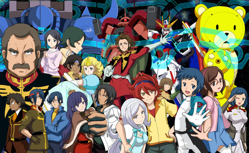 6+boys 6+girls after_war_gundam_x aila_jyrkiainen beargguy_iii black_hair blonde_hair blue_eyes blue_hair brown_eyes brown_hair carrying char_aznable char_aznable_(cosplay) cima_garahau cima_garahau_(cosplay) closed_eyes cosplay dark_skin dreadlocks drill_hair eyewear_on_head facial_hair gabriel_ramirez_garcia gabriel_ramirez_garcia_(cosplay) garrod_ran garrod_ran_(cosplay) glasses gloves gouf gundam gundam_0083 gundam_build_fighters gundam_seed gundam_seed_astray gundam_wing hairband headband heero_yui_(cosplay) heero_yuy heero_yuy_(cosplay) highres holding_hands interlocked_fingers iori_rinko iori_sei irei_haru irei_haru_(cosplay) jimauso julio_renato kira_yamato_(cosplay) kousaka_china long_hair lowe_guele lowe_guele_(cosplay) luang_dallara m&#039;quve m&#039;quve_(cosplay) mario_renato mecha mihoshi_(gundam_bf) misaki_(gundam_bf) mitsuishi_kotono mobile_suit_gundam multiple_boys multiple_girls murrue_ramius murrue_ramius_(cosplay) mustache nils_nielsen one_eye_closed open_mouth over-rim_eyewear princess_carry ral-san ramba_ral ramba_ral_(cosplay) red_hair reiji_(gundam_bf) ricardo_fellini robot salute sazaki_susumu semi-rimless_eyewear short_hair smile star_build_strike_gundam stubble sunglasses tiffa_adill tiffa_adill_(cosplay) victory_gundam voice_actor_connection wink yajima_caroline yasaka_mao yuuki_tatsuya_(gundam_bf) zaku_amazing