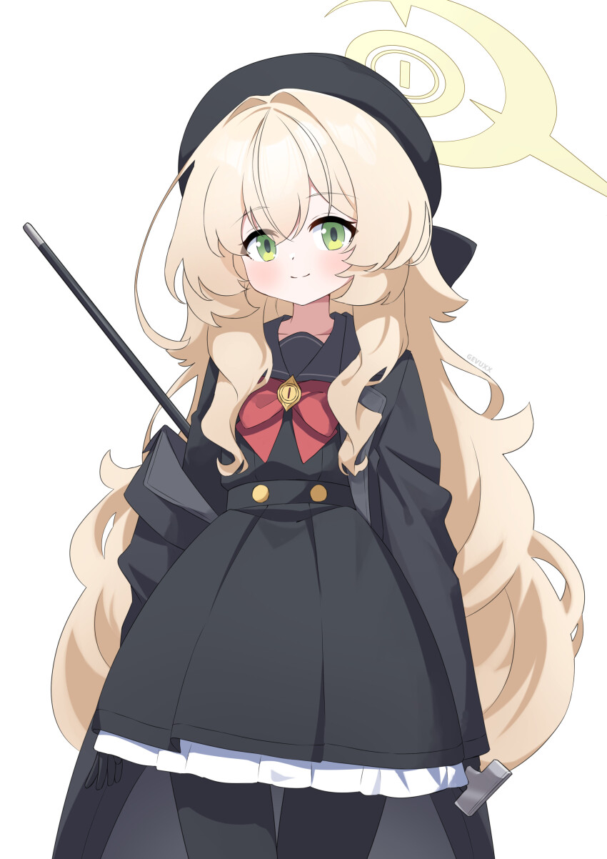 1girl absurdres artist_name beret black_gloves black_hat black_jacket black_pantyhose black_serafuku black_shirt black_shoes black_skirt blonde_hair blue_archive bow commentary english_commentary gevuxx gloves green_eyes halo hat highres holding holding_stick jacket long_hair looking_at_viewer pantyhose professor_niyaniya_(blue_archive) red_bow sailor_collar school_uniform serafuku shirt shoes simple_background skirt solo standing stick watermark wavy_hair white_background
