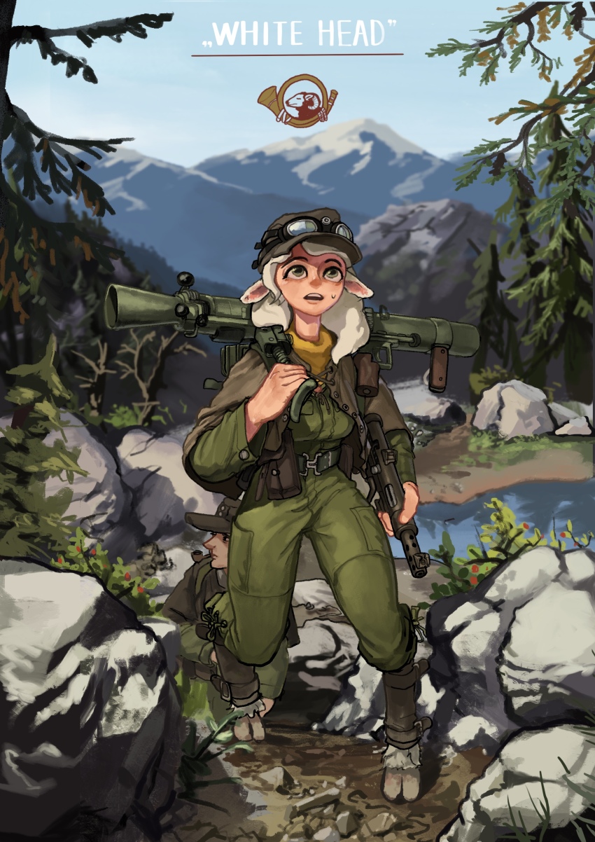 1boy 1girl absurdres ammunition_pouch animal_ears buttoned_cuffs buttons carl_gustaf_8.4cm_recoilless_rifle carl_gustaf_recoilless_rifle forest goggles goggles_on_headwear green_eyes gun hat highres holding_behind_back holding_weapon_behind_back hooves horns lake looking_up military_uniform mountainous_horizon nature original pouch rifleman1130 rock rocket_launcher sheep_ears sheep_girl sheep_horns smoking_pipe sweat tree weapon