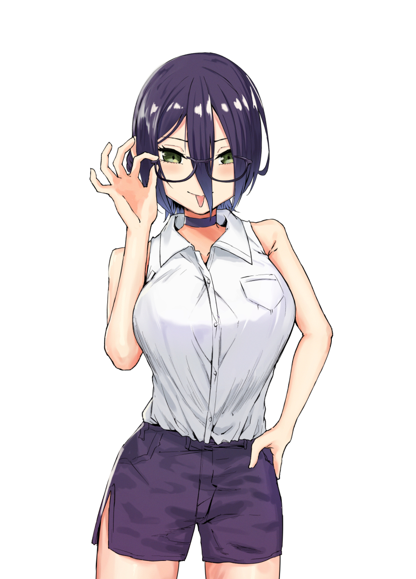 1girl black_choker breasts chainsaw_man choker collared_shirt glasses hair_between_eyes highres large_breasts purple_hair purple_shorts reze_(chainsaw_man) shirt shorts sleeveless sleeveless_shirt solo tongue tongue_out white_background white_shirt zetsuki_(theendoftheworid)