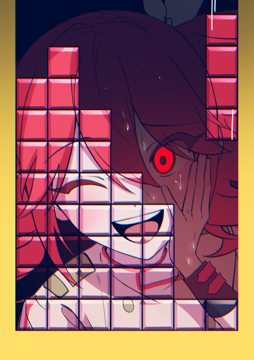 1girl absurdres block_(object) bow crazy_smile drill_hair glowing glowing_eye grey_jacket hair_bow hand_on_own_cheek hand_on_own_face highres jacket kasane_teto kasane_teto_(sv) looking_at_viewer one_eye_closed open_mouth red_eyes red_hair red_trim sidelocks smile solo sweat synthesizer_v teeth tetoris_(synthesizer_v) tetris tomya twin_drills upper_body upper_teeth_only utau white_bow