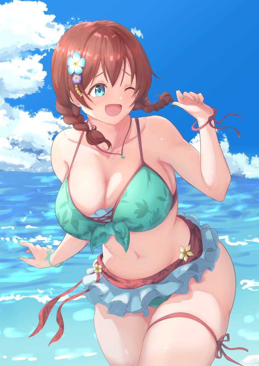 1girl absurdres aqua_eyes bikini bikini_day blue_sky blush bracelet braid breasts brown_hair cleavage cloud commentary_request emma_verde flower freckles green_bikini growbally hair_flower hair_ornament highres jewelry large_breasts leaf_print love_live! love_live!_nijigasaki_high_school_idol_club medium_hair navel necklace open_mouth outdoors skirt sky solo swimsuit thick_thighs thigh_strap thighs twin_braids water