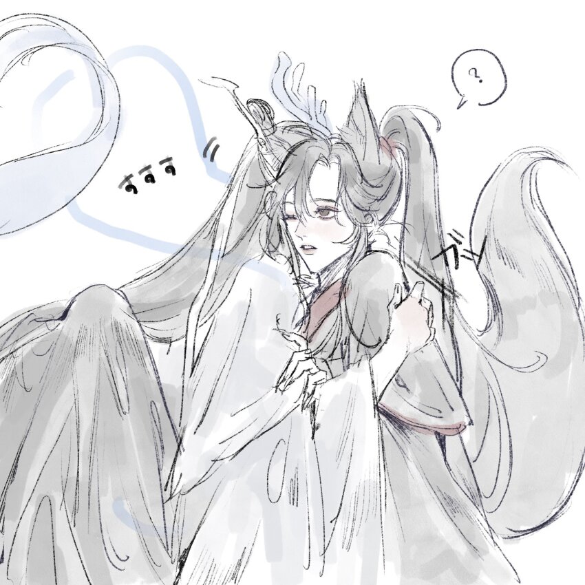 2boys ? ahoge animal_ears black_hair black_hanfu blush chinese_clothes dragon_boy eastern_dragon_horns eastern_dragon_tail fingernails fox_boy fox_ears fox_tail grey_eyes hanfu highres horns hug kemonomimi_mode lan_wangji long_hair long_sleeves looking_at_another male_focus modao_zushi multiple_boys ojisan_rbt one_eye_closed parted_lips ponytail robe sharp_fingernails sidelocks simple_background sitting sketch speech_bubble spoken_question_mark tail topknot very_long_hair wei_wuxian white_background white_hanfu wide_sleeves yaoi