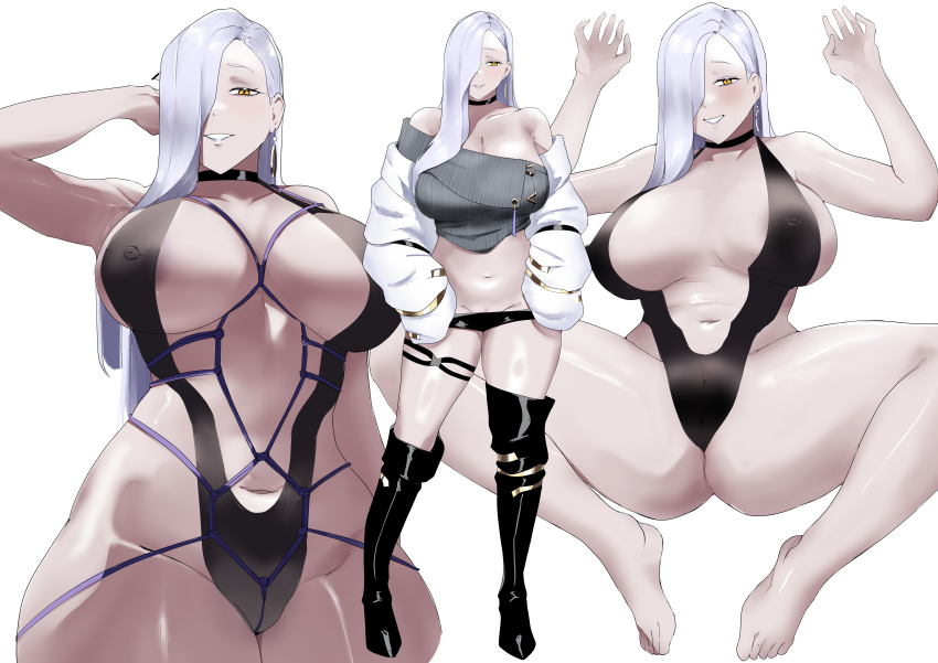 1girl absurdres areola_slip bare_shoulders barefoot black_boots black_one-piece_swimsuit black_shorts blue_lips boots breasts center_opening choker cleavage collarbone covered_erect_nipples dommy_davson dress earrings eyeliner fate/grand_order fate_(series) grey_dress grin hair_over_one_eye highleg highleg_one-piece_swimsuit highres hoop_earrings jacket jewelry large_breasts long_hair long_sleeves looking_at_viewer makeup micro_shorts mrs._snake_(fate) multiple_views navel off_shoulder one-piece_swimsuit rope shibari shibari_over_clothes shorts smile spread_legs sweater sweater_dress swimsuit tassel thick_thighs thigh_boots thighs white_hair white_jacket yellow_eyes
