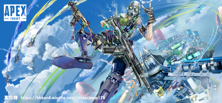 2girls 4boys \m/ apex_legends assault_rifle bandaged_arm bandages black_gloves black_headwear copyright_name fingerless_gloves floating_city gibraltar_(apex_legends) gloves goggles green_vest grey_shorts gun highres holding holding_gun holding_weapon lifeline_(apex_legends) logo_parody looking_at_viewer male_focus mashiro_akira mechanical_legs mirage_(apex_legends) multiple_boys multiple_girls octane_(apex_legends) olympus_(apex_legends) r-301_carbine r-99_smg revenant_(apex_legends) rifle shorts simulacrum_(titanfall) sky solo_focus vest watermark weapon web_address wraith_(apex_legends)