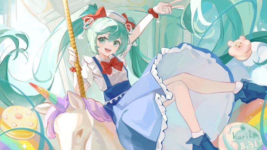 1girl absurdly_long_hair absurdres aqua_eyes aqua_hair arm_up artist_name blue_boots blue_skirt boots bow bowtie cake candy carousel chinese_commentary collared_shirt commentary_request dated day eyelashes floating_hair food frilled_gloves frilled_shirt_collar frilled_skirt frills full_body gloves gummy_bear hair_between_eyes hair_bow hair_ribbon hat hatsune_miku high-waist_skirt highres light_particles long_hair long_skirt open_mouth outdoors pleated_skirt puffy_short_sleeves puffy_sleeves rainbow red_bow red_bowtie ribbon sailor_hat shirt short_sleeves single_stripe sitting skirt smile socks solo sparkle striped_ribbon suspender_skirt suspenders tangchaolilizi_kuriko teeth twintails two-sided_fabric two-sided_skirt unicorn upper_teeth_only v very_long_hair vocaloid white_gloves white_hat white_ribbon white_shirt white_skirt white_socks