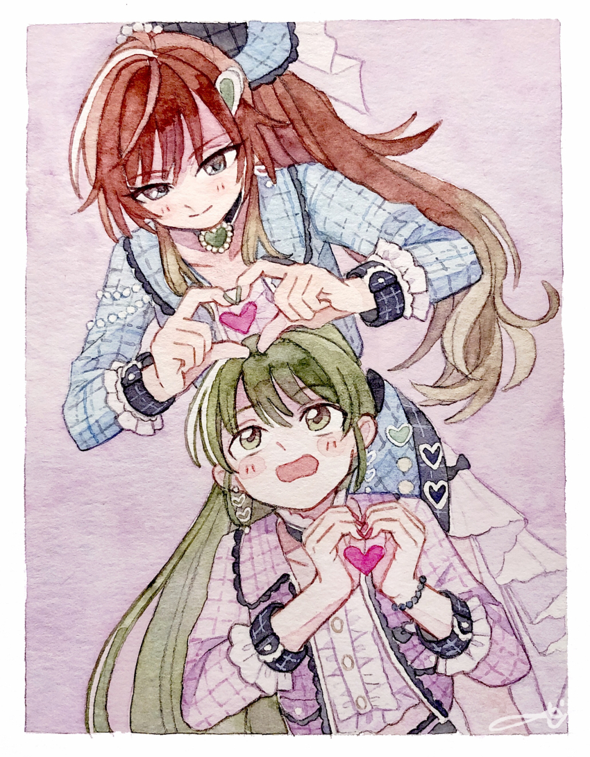 2girls :o absurdres aketa_mikoto blonde_hair blue_jacket blush border brown_hair center_frills commentary_request earrings fingernails four-finger_heart_hands frills gradient_hair green_hair heart heart_hands heart_in_heart_hands highres idolmaster idolmaster_shiny_colors jacket jewelry long_hair looking_up multicolored_hair multiple_girls nail_polish nanakusa_nichika pink_background pink_jacket ponytail shirt sisyamo_sakana smile very_long_hair white_border white_shirt