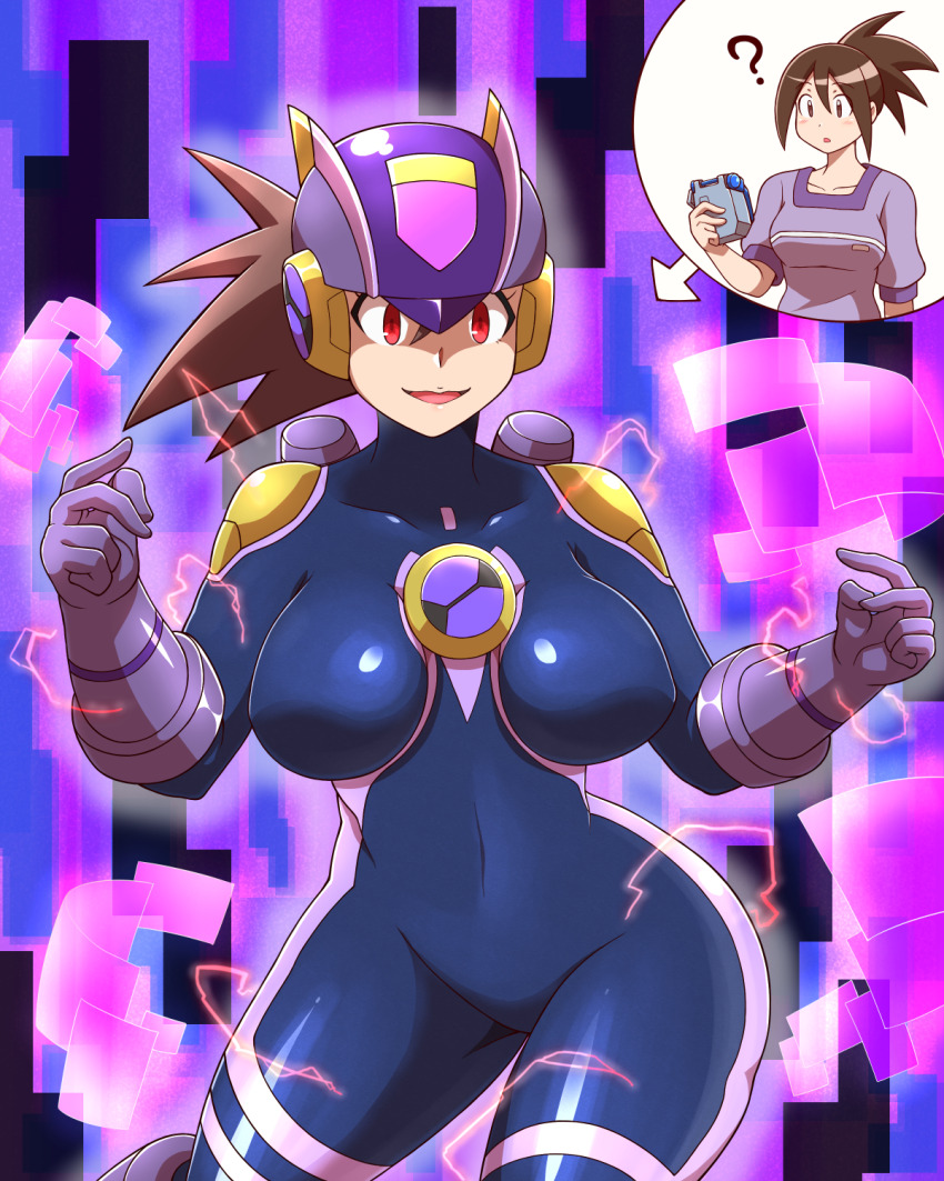 !? 1girl ? alternate_eye_color artist_request before_and_after blush bodysuit breasts brown_eyes brown_hair corruption cosplay covered_navel crossover curvy dark_megaman.exe_(cosplay) electricity embarrassed gloves helmet highres hope_stelar_(mega_man) large_breasts lips long_hair looking_at_viewer mega_man_(series) mega_man_battle_network mega_man_star_force_(series) nervous_smile netnavi ponytail purple_background red_eyes shaded_face shiny_clothes shiny_skin skin_tight smile surprised transformation