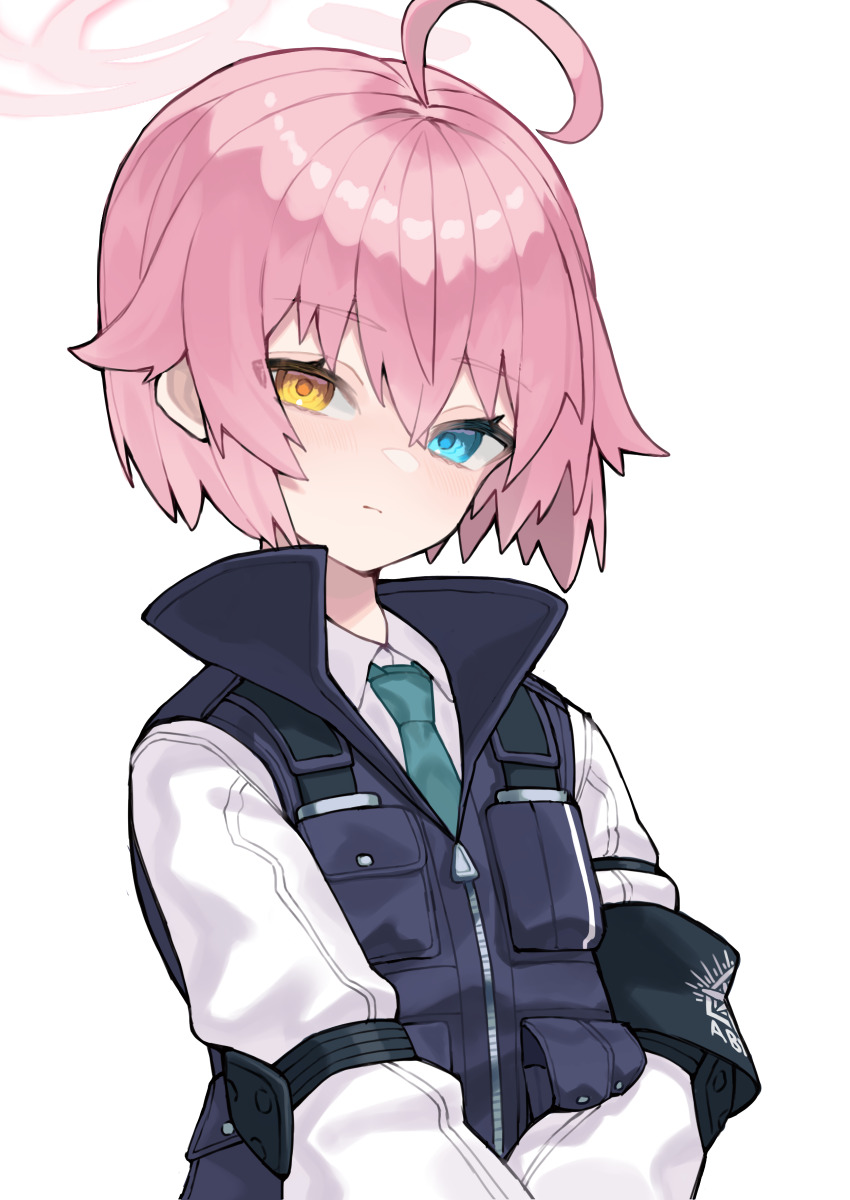 1girl absurdres ahoge armband black_vest blue_archive blue_eyes blue_necktie closed_mouth collared_shirt halo heterochromia highres hoshino_(blue_archive) hoshino_(first_year)_(blue_archive) hoshino_(young)_(blue_archive) long_sleeves necktie pink_hair puffy_long_sleeves puffy_sleeves scarlet23i0 shirt short_hair simple_background solo upper_body vest white_background white_shirt yellow_eyes