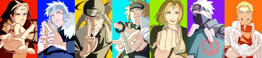 1girl 6+boys absurdres armor black_eyes black_hair blonde_hair blue_eyes book facial_hair facial_mark forehead_protector goatee grin hatake_kakashi headband helmet highres holding holding_book holding_kunai holding_weapon japanese_armor kabuto_(helmet) konohagakure_symbol kunai light_smile long_hair long_image looking_at_viewer male_focus mask mouth_mask multiple_boys namikaze_minato naruto_(classic) naruto_(series) old one_eye_closed orange_background pnpk_1013 reaching reaching_towards_viewer red_eyes sarutobi_hiruzen senju_hashirama senju_tobirama short_hair simple_background smile smirk tsunade_(naruto) upper_body uzumaki_naruto weapon whisker_markings white_hair wide_image wrinkled_skin yellow_eyes