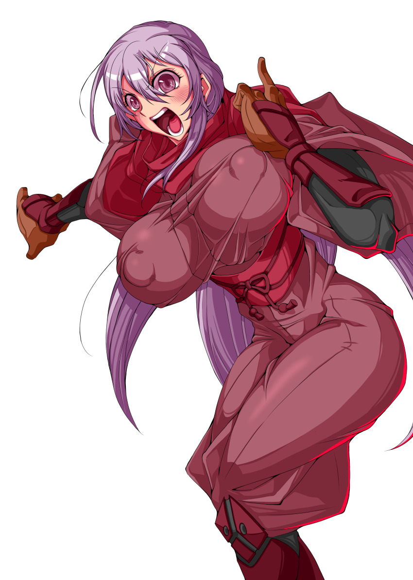 1girl absurdres armored_boots armored_gloves boots breasts covered_erect_nipples dragon_yukano highres huge_breasts long_hair looking_at_viewer ninja ninja_slayer open_mouth purple_eyes purple_hair red_scarf scarf simple_background solo teeth tongue vambraces white_background yoshitsuki