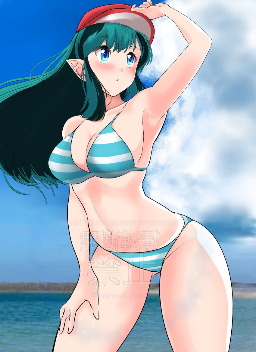 1girl absurdres baseball_cap bikini blue_bikini blue_eyes blue_sky cloud commentary_request day feet_out_of_frame green_hair hand_on_own_thigh hat highres long_hair looking_up lum mountainous_horizon nanao_futaba ocean outdoors red_hat sky solo standing striped_bikini striped_clothes swimsuit urusei_yatsura watermark