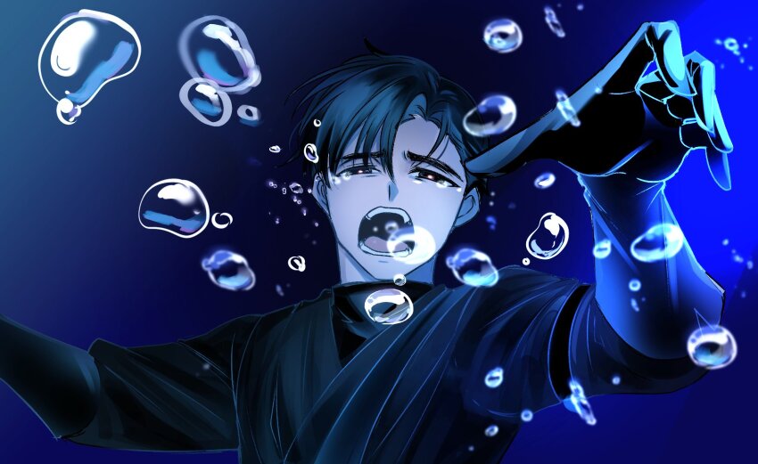 1boy air_bubble alien_stage asphyxiation black_eyes black_gloves black_hair black_shirt blue_background bubble commentary drowning english_commentary gloves hair_between_eyes highres ivan_(alien_stage) looking_at_viewer male_focus open_mouth parted_bangs ryuuxin shirt short_hair solo underwater upper_body