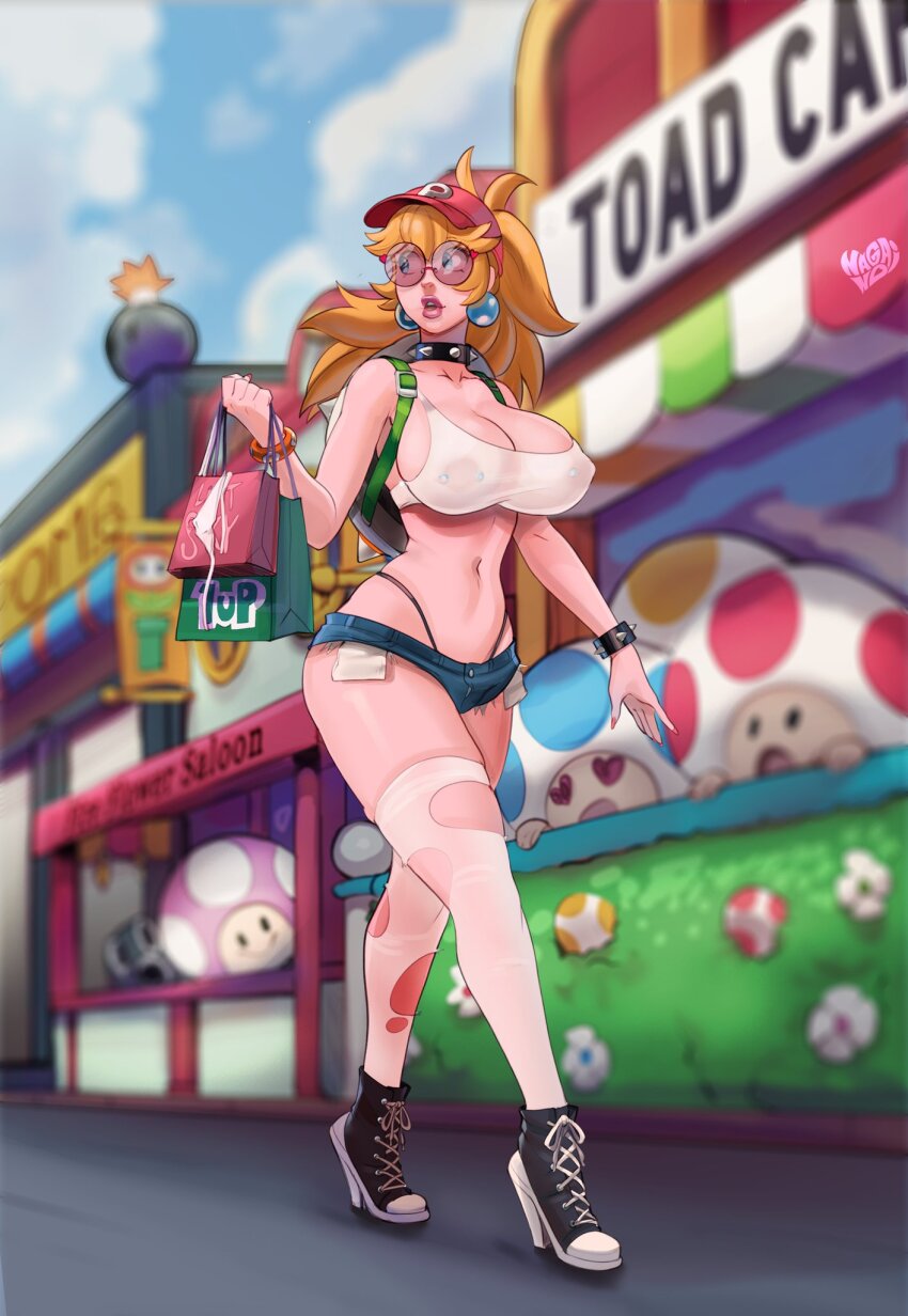 1girl 3boys alternate_costume bag barbell_piercing baseball_cap blonde_hair blue_toad_(mario) bracelet breasts carnival cleavage cloud cloudy_sky collar commentary commission covered_erect_nipples crop_top earrings english_commentary exposed_pocket fire_flower hat heart heart-shaped_eyes high_heel_sneakers highleg highleg_panties highres jewelry large_breasts lips mario_(series) micro_shorts midriff multiple_boys nagainosfw navel nintendo nipple_piercing no_bra outdoors panties parted_lips piercing ponytail princess_peach red_toad_(mario) see-through_clothes shopping_bag shorts sky sphere_earrings spiked_bracelet spiked_collar spiked_shell spikes stomach thighhighs thong tinted_eyewear toad_(mario) toadette torn_clothes torn_thighhighs turtle_shell underwear walking whale white_thighhighs yellow_toad_(mario)