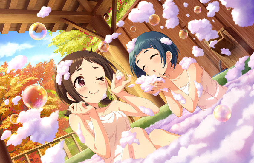 2girls autumn_leaves blue_hair brown_hair bubble closed_eyes foam game_cg idolmaster idolmaster_cinderella_girls idolmaster_cinderella_girls_starlight_stage leaf multiple_girls muramatsu_sakura naked_towel official_art okazaki_yasuha one_eye_closed onsen pink_eyes smile towel
