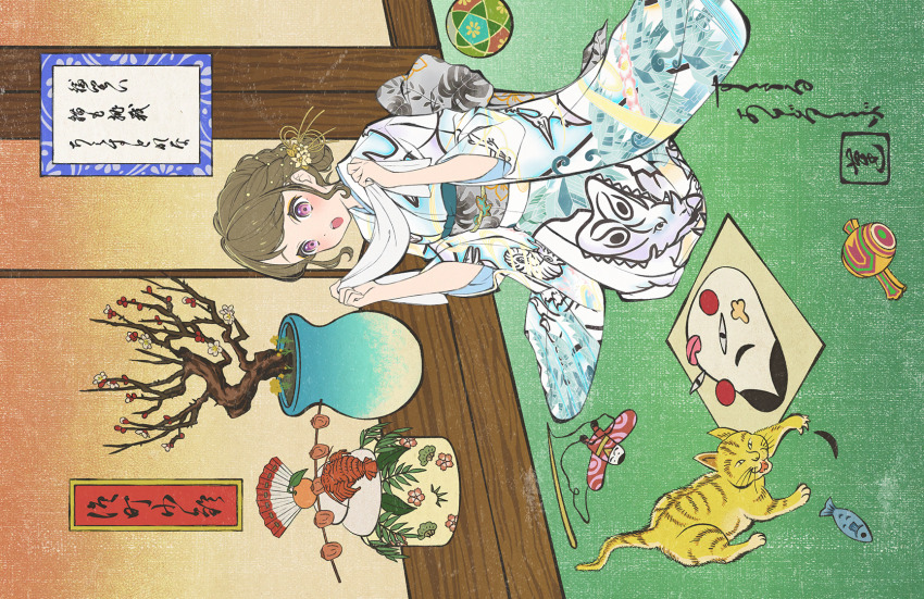 1girl :o animal_print archaic_japanese_text bonsai braid brown_hair cat drawing_(object) fine_art_parody flower full_body game_cg grey_sash hair_bun hair_flower hair_ornament hands_up hasu_no_sora_karuta_(love_live!) highres holding indoors japanese_clothes kachimachi_kosuzu kimono kite link!_like!_love_live! love_live! nihonga obi obiage obijime official_alternate_costume official_alternate_hairstyle official_art open_mouth parody pink_eyes plant potted_plant print_kimono sash seiza short_hair side_braid sidelocks sideways single_hair_bun sitting three-quarter_sleeves sleeves_pushed_up solo swept_bangs teeth third-party_source translation_request upper_teeth_only virtual_youtuber white_kimono wide_sleeves yellow_flower