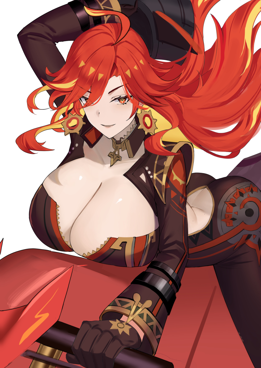 1girl ahoge ass backless_bodysuit biker_clothes bikesuit black_bodysuit blonde_hair bodysuit breast_focus breasts cleavage cleavage_cutout closed_mouth clothing_cutout earrings genshin_impact gold_choker helmet highres holding holding_helmet hoop_earrings huge_breasts jewelry long_hair looking_at_viewer mavuika_(genshin_impact) motor_vehicle motorcycle motorcycle_helmet multicolored_hair on_motorcycle red_eyes red_hair renzero_(user_vmsj8444) riding sitting smile solo streaked_hair sun_earrings very_long_hair white_background yellow_eyes