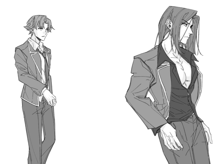 2boys advanced_nurturing_high_school_uniform ayanokouji_kiyotaka blazer closed_mouth collarbone collared_shirt greyscale hands_up jacket long_sleeves looking_ahead looking_at_another male_focus monochrome multiple_boys pants parted_lips pectoral_cleavage pectorals ryuuen_kakeru school_uniform shirt short_hair standing thumbs_in_pockets wing_collar yizhongziwei youkoso_jitsuryoku_shijou_shugi_no_kyoushitsu_e