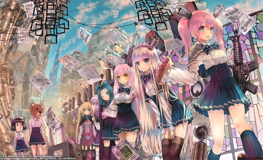6+girls artist_name assault_rifle blonde_hair blue_eyes blue_hair boots bow bowtie building camouflage circuit cosplay fisheye food garter_belt gas_mask group_picture gun hair_bow hair_ornament hairband headdress high_heels japanese_clothes john_hathway kigurumi kimono kneehighs long_hair m16 mask multiple_girls one_eye_closed orange_hair original oscilloscope pantyhose paper pink_hair purple_hair red_eyes respirator rifle sandwich school_uniform science_fiction serafuku short_hair short_kimono side_ponytail sitting skirt socks stuffed_animal stuffed_toy teddy_bear thighhighs twintails vacuum_tube very_long_hair watermark weapon web_address white_hair wire yakisoba zettai_ryouiki