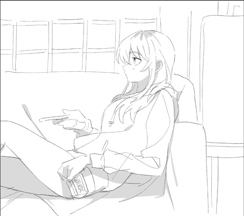 1girl bare_legs can closed_mouth controller couch from_side gganchan girls_band_cry holding holding_can holding_remote_control hood hoodie indoors kawaragi_momoka long_hair long_sleeves multicolored_hair on_couch profile remote_control roots_(hair) solo