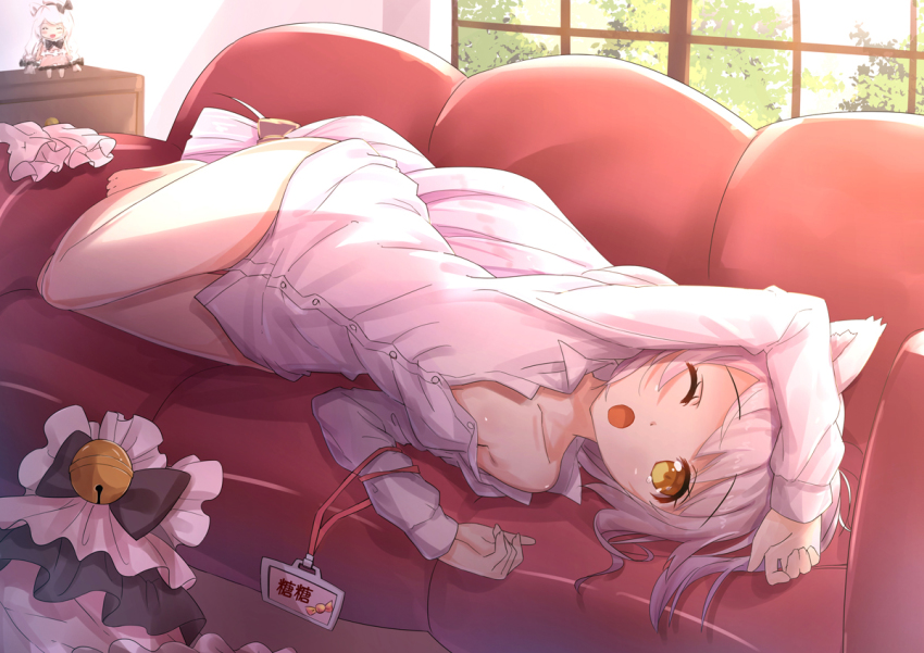 1girl animal_ears arm_up bare_legs barefoot bell bottomless byakuya_reki cat_ears collarbone couch doll female_focus indoors long_hair long_sleeves lying naked_shirt on_couch on_side one_eye_closed original red_upholstery shirt silver_hair solo very_long_hair window yawning yellow_eyes