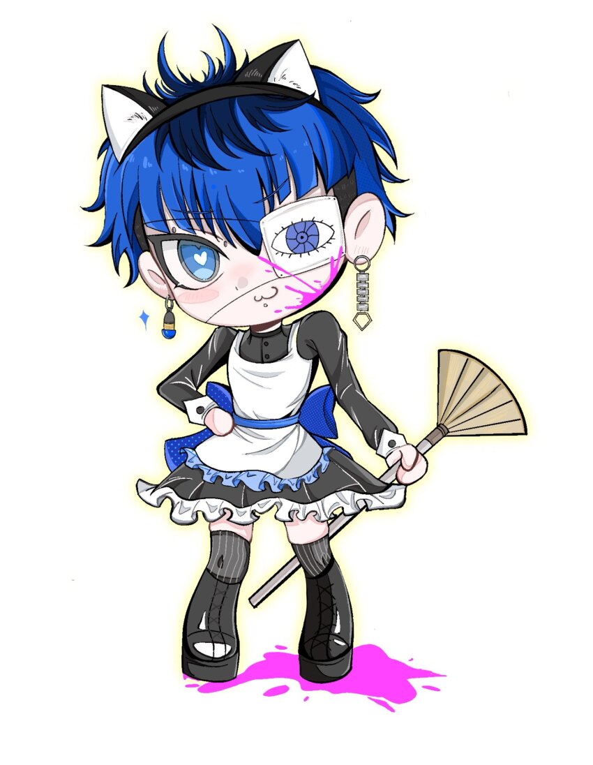 1boy :3 animal_ear_hairband animal_ears apron black_boots black_dress black_hair black_stripes black_thighhighs blood blood_on_face blood_splatter blue_bow blue_hair blush boots bow bridge_piercing broom cat_ear_hairband cat_ears crossdressing dress ear_piercing earrings eyebrow_piercing eyepatch face_piercing fake_animal_ears full_body hair_between_eyes hairband hand_on_own_hip heart heart-shaped_pupils highres holding holding_broom jewelry lip_piercing looking_at_viewer maid maid_apron messy_hair multicolored_hair omokage_yugamu one_eye_covered piercing pink_blood simple_background striped_clothes striped_thighhighs symbol-shaped_pupils the_hundred_line_-last_defense_academy- thighhighs white_background white_stripes