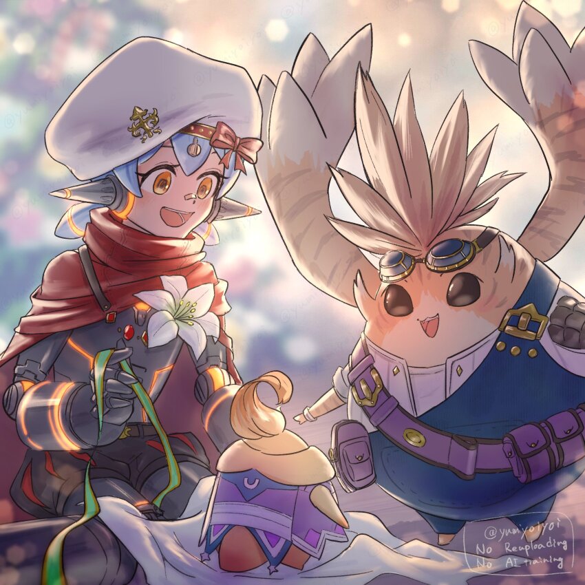 1girl android artist_name belt belt_pouch beret blue_hair bow brown_fur cape character_request commentary_request eyelashes flower goggles goggles_on_head hat hat_bow highres joints looking_at_another nopon open_mouth poppi_(xenoblade) pouch red_bow red_cape robot_joints smile tora_(xenoblade_2) twitter_username white_flower white_hat xenoblade_chronicles_(series) xenoblade_chronicles_2 yellow_eyes yumiyoiyoi