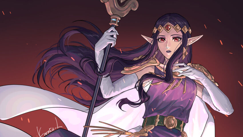 1girl armor artist_name breasts cape circlet dress earrings elbow_gloves gem gloves gold_earrings highres holding holding_staff jewelry kurokawa_karasu long_hair medium_breasts nintendo parted_lips pink_dress pointy_ears princess_hilda purple_hair purple_lips red_background red_eyes red_gemstone shoulder_armor sidelocks solo staff the_legend_of_zelda the_legend_of_zelda:_a_link_between_worlds triforce white_cape white_gloves