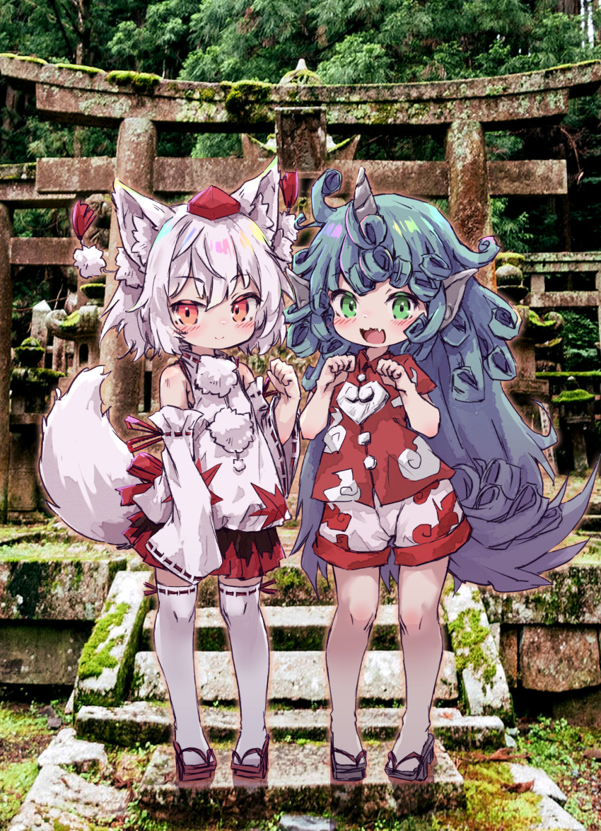 2girls animal_ears bare_shoulders blush cloud_print commentary_request curly_hair detached_sleeves geta green_eyes green_hair hat highres horns inubashiri_momiji kariyushi_shirt kolshica komainu_ears komano_aunn leaf long_hair looking_at_viewer maple_leaf multiple_girls open_mouth paw_pose pom_pom_(clothes) red_eyes red_shirt ribbon-trimmed_sleeves ribbon_trim shirt short_hair short_sleeves shorts single_horn skirt smile tail tengu-geta tokin_hat torii touhou white_hair white_shorts wolf_ears wolf_girl wolf_tail