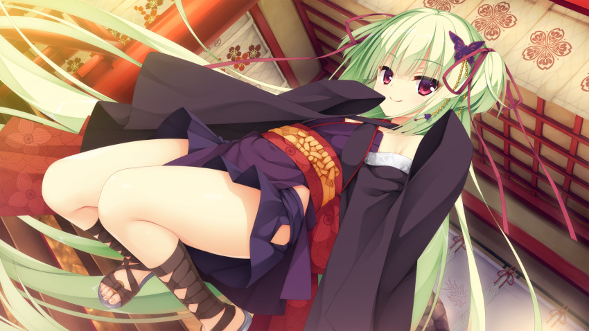 1girl architecture bare_shoulders black_kimono black_skirt blunt_bangs blunt_ends brown_sandals butterfly_hair_ornament cherry_blossom_print closed_mouth criss-cross_halter dutch_angle east_asian_architecture eyes_visible_through_hair flat_chest floating_hair floral_print foot_out_of_frame game_cg green_hair hair_ornament hair_ribbon halterneck hands_up highres hime_cut indoors japanese_clothes kimono legs light_blush long_hair long_ribbon long_sleeves looking_at_viewer midair miniskirt murasame_(senren) muririn official_art red_eyes red_ribbon red_sash ribbon sandals sash senren_banka shrine sidelocks skirt sleeves_past_fingers sleeves_past_wrists smile solo thighs toenails toes tsurime two_side_up very_long_hair