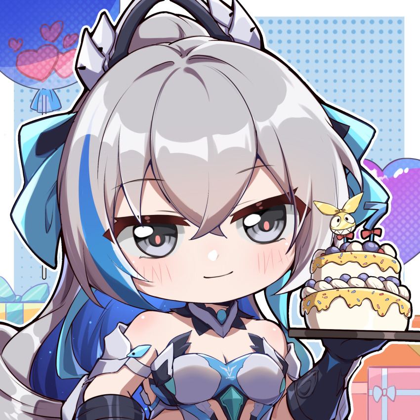1girl balloon bare_shoulders birthday_cake blue_dress blue_ribbon box breasts bronya_zaychik bronya_zaychik_(herrscher_of_truth) cake cake_decoration chibi cleavage dress food gift gift_box grey_eyes grey_hair hair_between_eyes hair_ribbon heart_balloon highres homu_(honkai_impact) honkai_(series) honkai_impact_3rd long_hair looking_at_viewer ribbon xinzhizhu