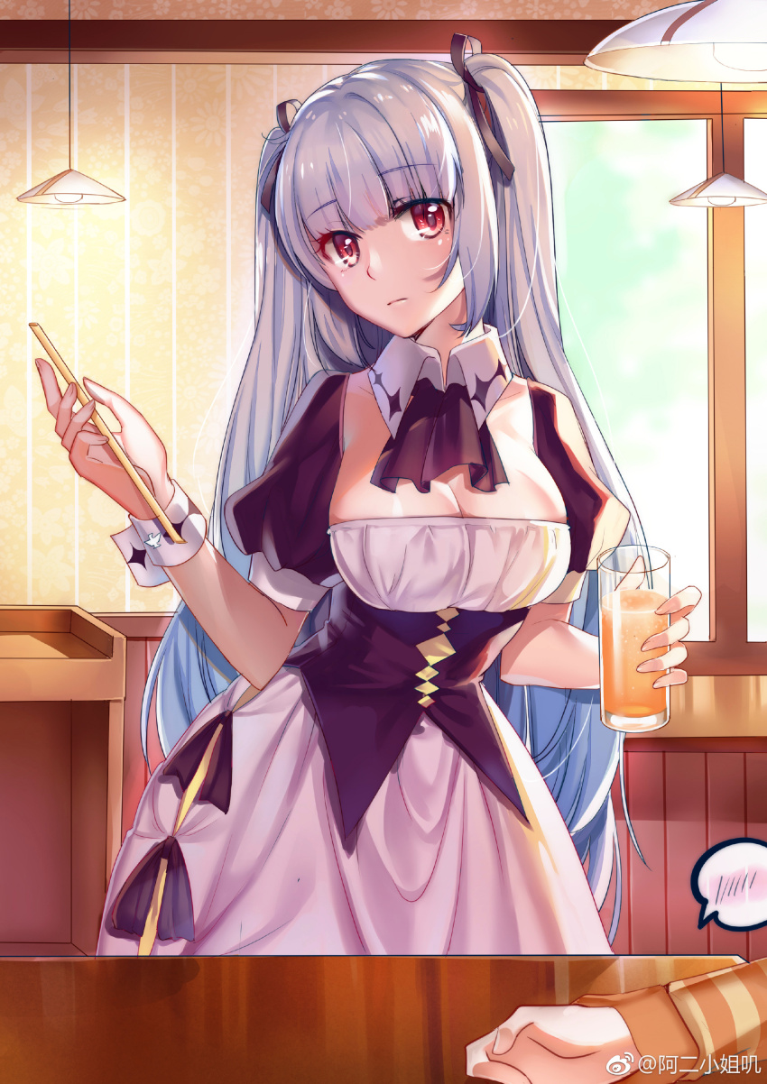 1girl absurdres aer_(tengqiu) ascot blue_hair blunt_bangs breasts cleavage cup detached_collar dress drinking_glass drinking_straw essex_(warship_girls_r) hair_ribbon highres holding indoors juice lamp large_breasts long_hair looking_at_viewer maid pov puffy_short_sleeves puffy_sleeves red_eyes ribbon short_sleeves solo_focus table twintails two_side_up very_long_hair warship_girls_r window wrist_cuffs