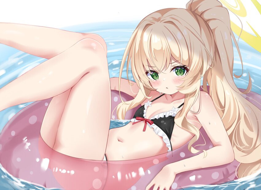 1girl bikini black_bikini blonde_hair blue_archive blush breasts feet_out_of_frame flat_chest frilled_bikini frills green_eyes hair_intakes halo highres innertube loli long_hair looking_at_viewer nagomi_yayado navel ponytail professor_niyaniya_(blue_archive) solo swim_ring swimsuit thighhighs very_long_hair water yellow_halo