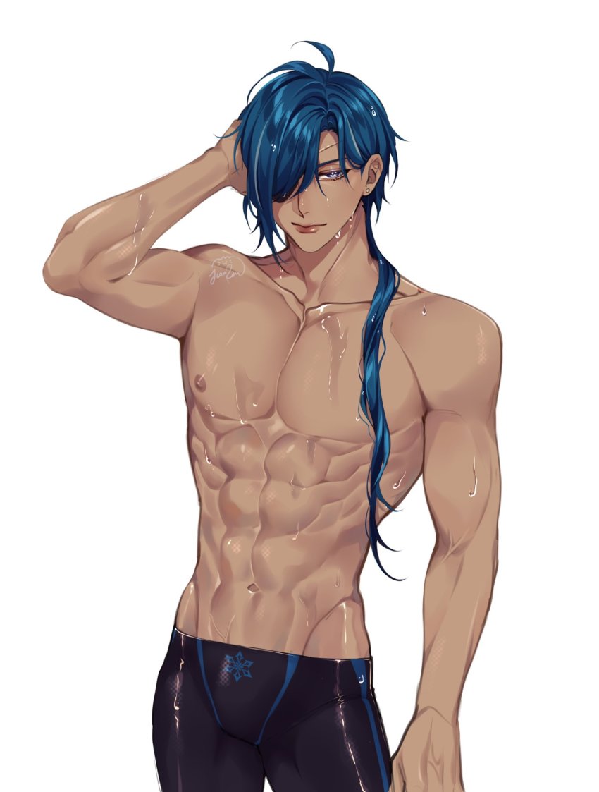 1boy abs black_jammers black_male_swimwear blue_eyes blue_hair cowboy_shot dark-skinned_male dark_blue_hair dark_skin eyepatch genshin_impact highres jammers kaeya_(genshin_impact) male_focus male_swimwear muscular muscular_male nipples rourouki simple_background smile swimsuit topless_male white_background