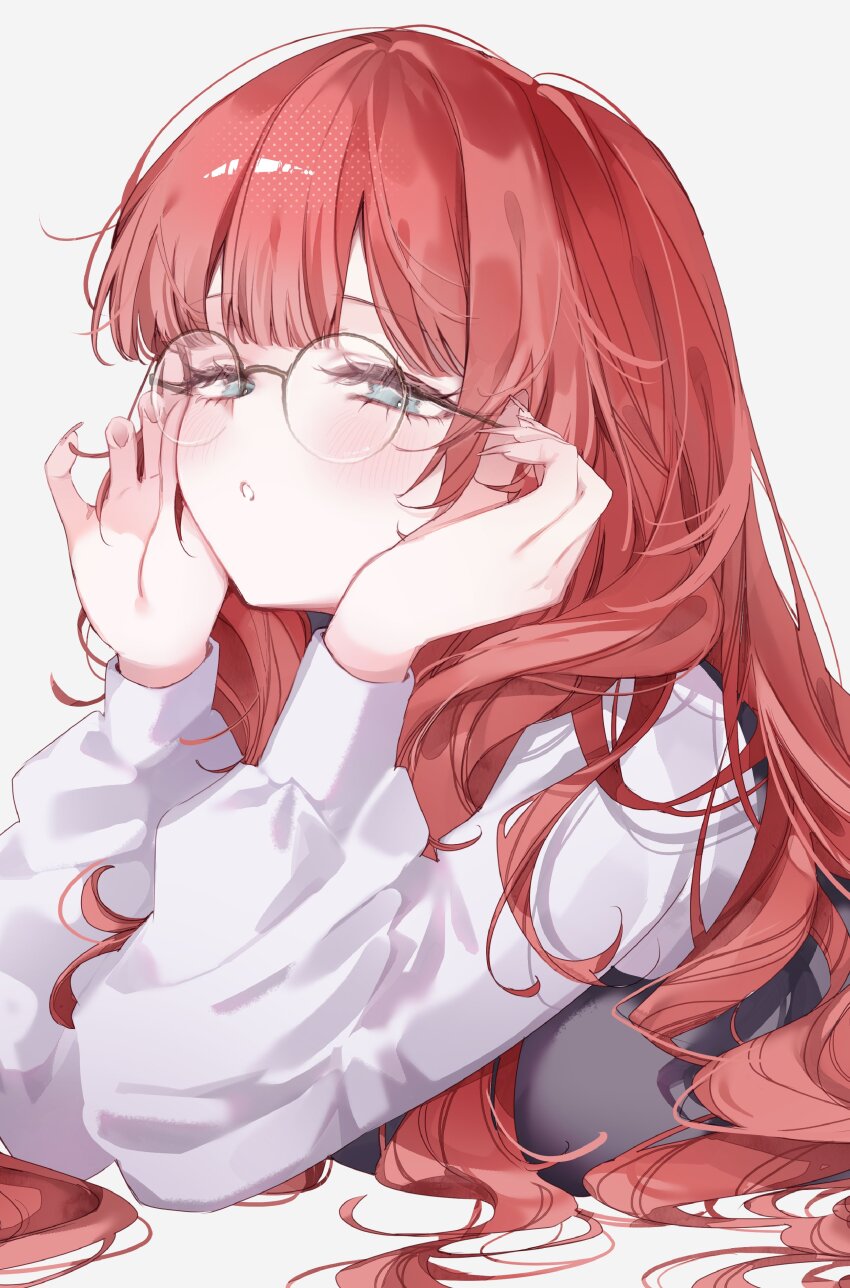 1girl absurdres adjusting_eyewear black_vest blunt_bangs chestnut_mouth eyelashes fingernails grey_eyes half-closed_eyes highres light_blush long_fingernails long_hair original poya_cha red_hair round_eyewear semi-rimless_eyewear shirt simple_background solo vest wavy_hair white_background