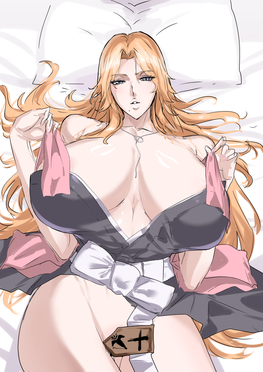 1girl absurdres bleach breasts breasts_apart convenient_censoring eyelashes highres huge_breasts jewelry long_hair looking_at_viewer matsumoto_rangiku mogi_yasunobu mole mole_under_mouth necklace no_panties on_bed parted_lips pillow solo